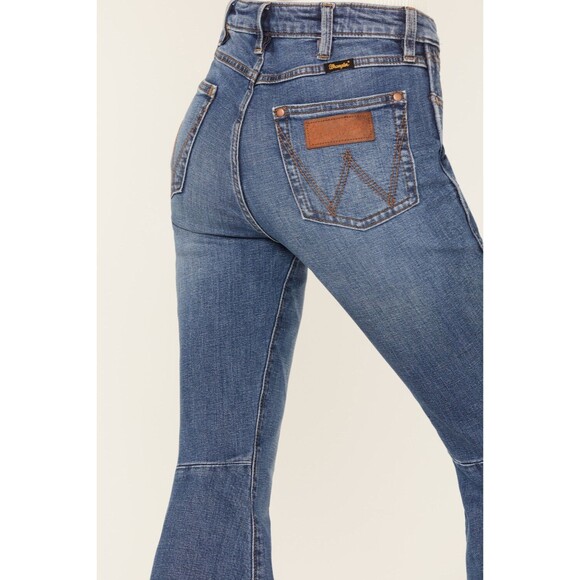 Wrangler Womens Retro High Rise Flare Denim Jeans Dark Blue Stretch Trumpet - Picture 4 of 14
